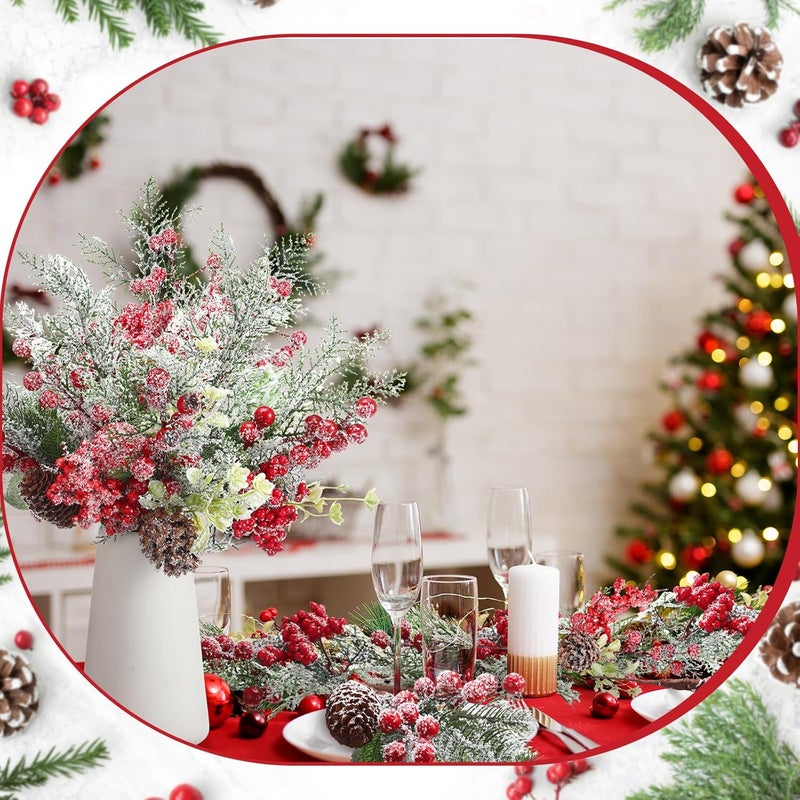 Solsew 16 Pcs Christmas Pine Cones Picks Artificial Berries Sprays Branches Faux Greenery Floral Stems Snowy Holly Pine Needles for Xmas Tree Wreath Garland Craft Decor(Novelty Snowy Style) - Image 4